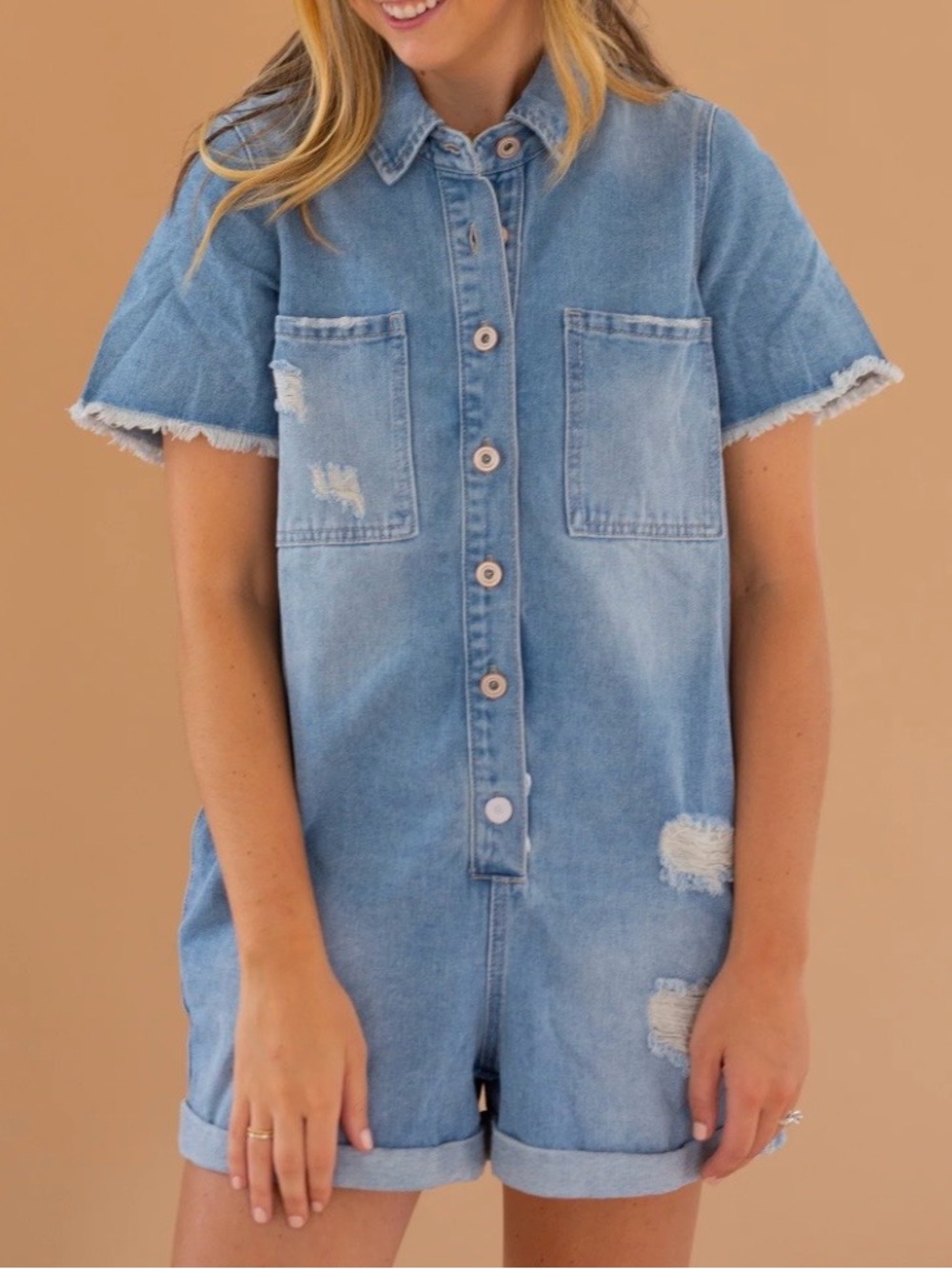 Wishlist Light Blue Distressed Denim Romper Sz M.